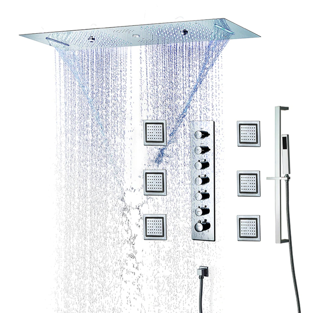 Palermo Remote Controlled Musical Thermostatic Luxurious LED Recessed Ceiling Mount Rainfall Waterfall Mist Shower System with Jetted Body Sprays and Hand Shower